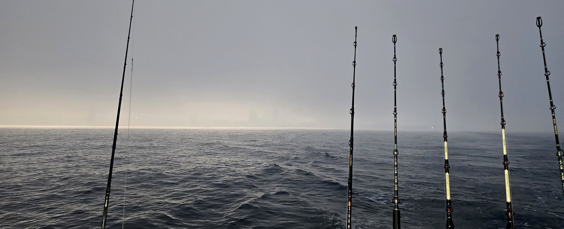 A row of fishing rods in holders on a boat, calm sea at dawn