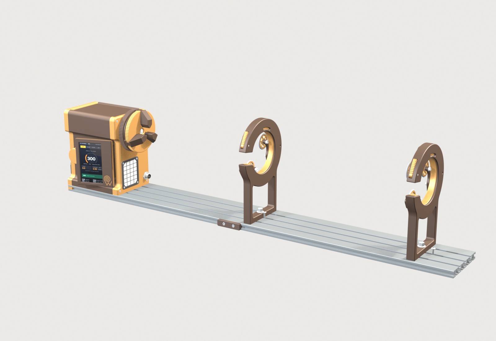 FRW CAD render of the FRW4 head, rail and rod supports in the Bronze finish, shown from an angle