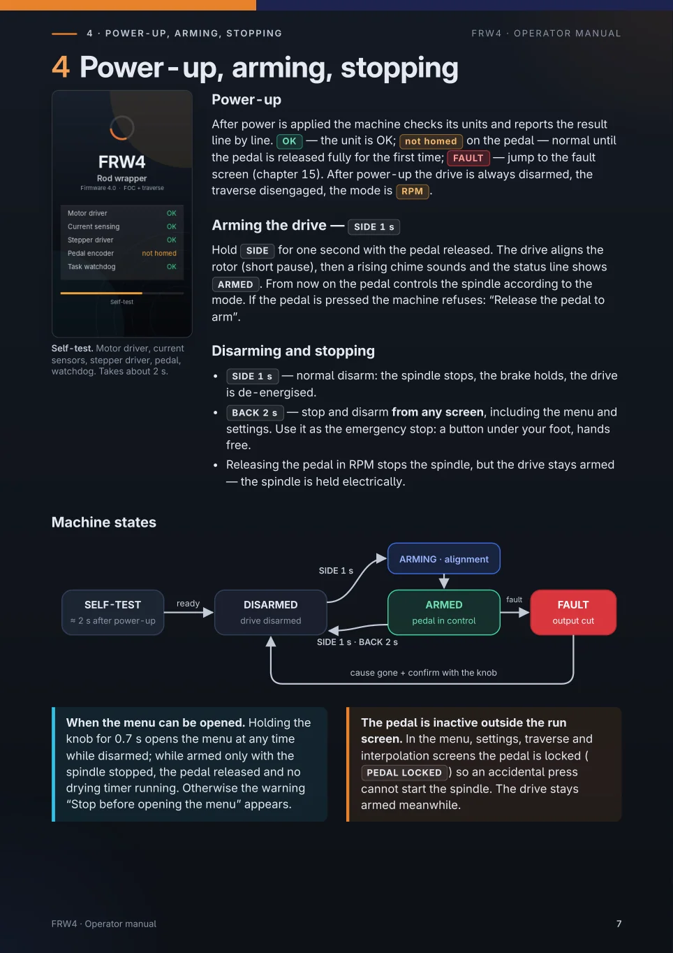 Page 7 of the original FRW4 manual: Power-up, arming & stopping