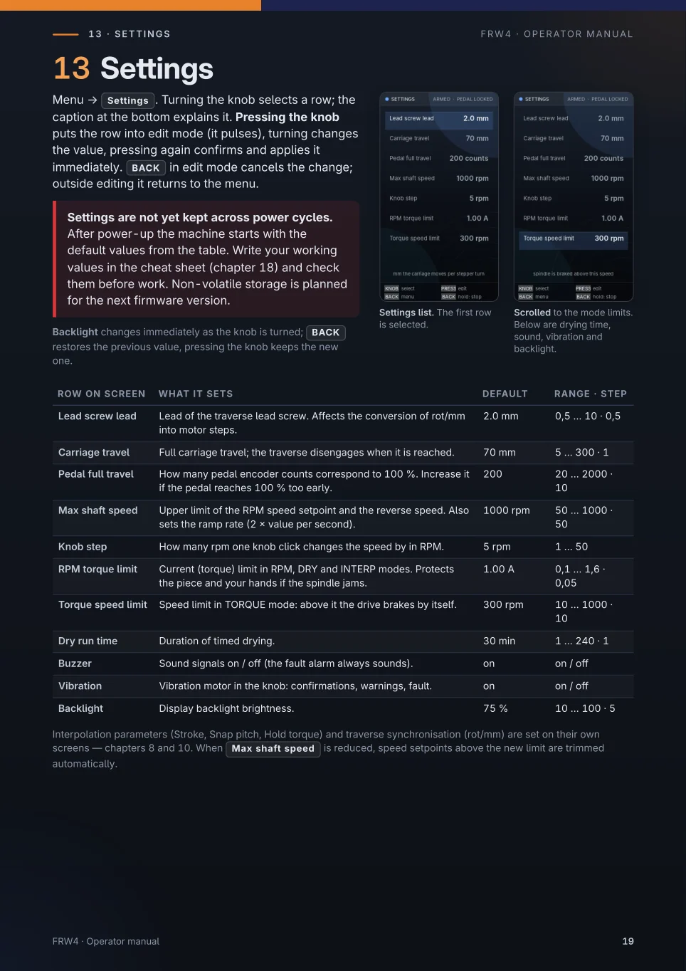 Page 19 of the original FRW4 manual: Settings